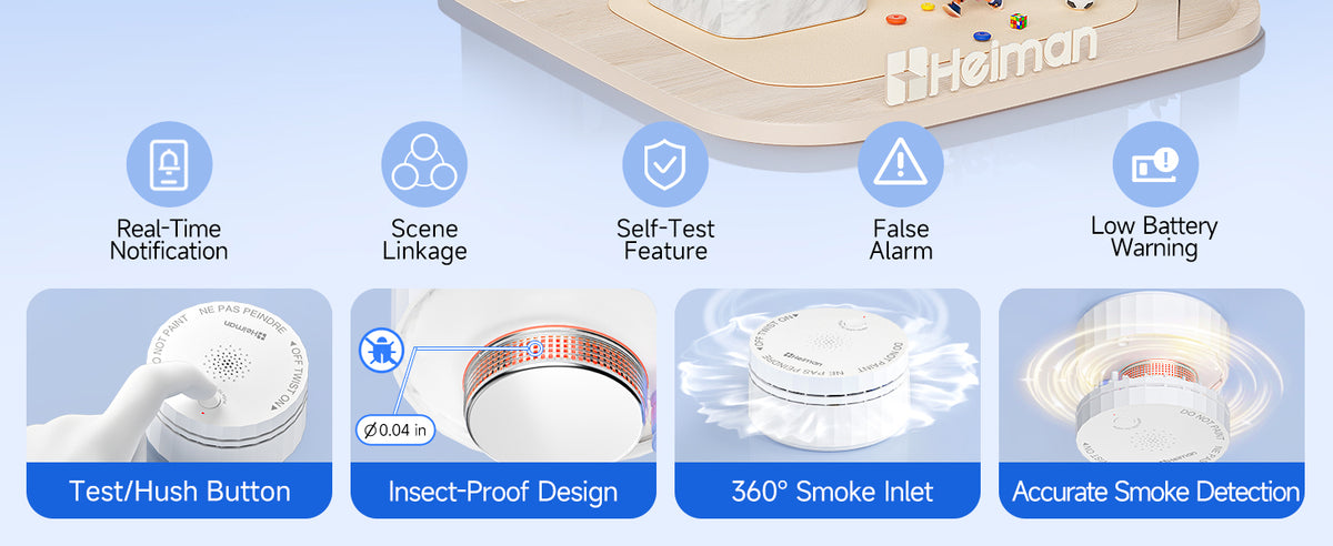 Heiman smart smoke alarm with real-time notifications, scene linkage, self-test, false alarm reduction, and low battery warning