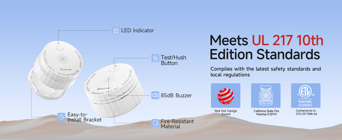 Heiman smoke alarm meeting UL 217 10th Edition standards with LED indicator, test button, 85 dB buzzer, and fire-resistant materials