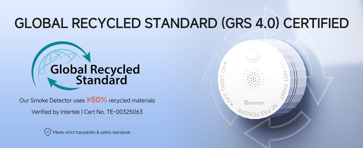 HEIMAN smoke detector with Global Recycled Standard GRS 4.0 certification and 50% recycled materials