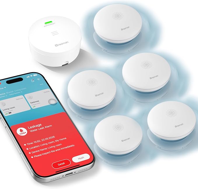 Detectores Fugas Agua Heiman para el Hogar, Alarma Sensor Agua Detector Fugas, Sensor Agua a Pilas para Sótano/Tubería/Desagüe/Lavabo/Baño/Cocina/Inodoro/Lavadero, 1 Pack（Sin Incluir Gateway )
