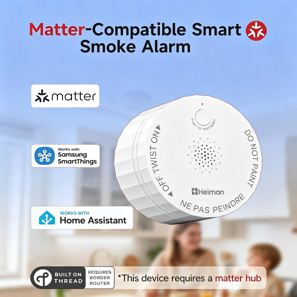 Heiman Matter Smoke Detectors,Smart Photoelectric Fire Alarm,UL217-10th Certified,Battery Powered,Real-Time Notification,Compatible with Smartthings,Home Assistant, Mini Portable for Home Travel
