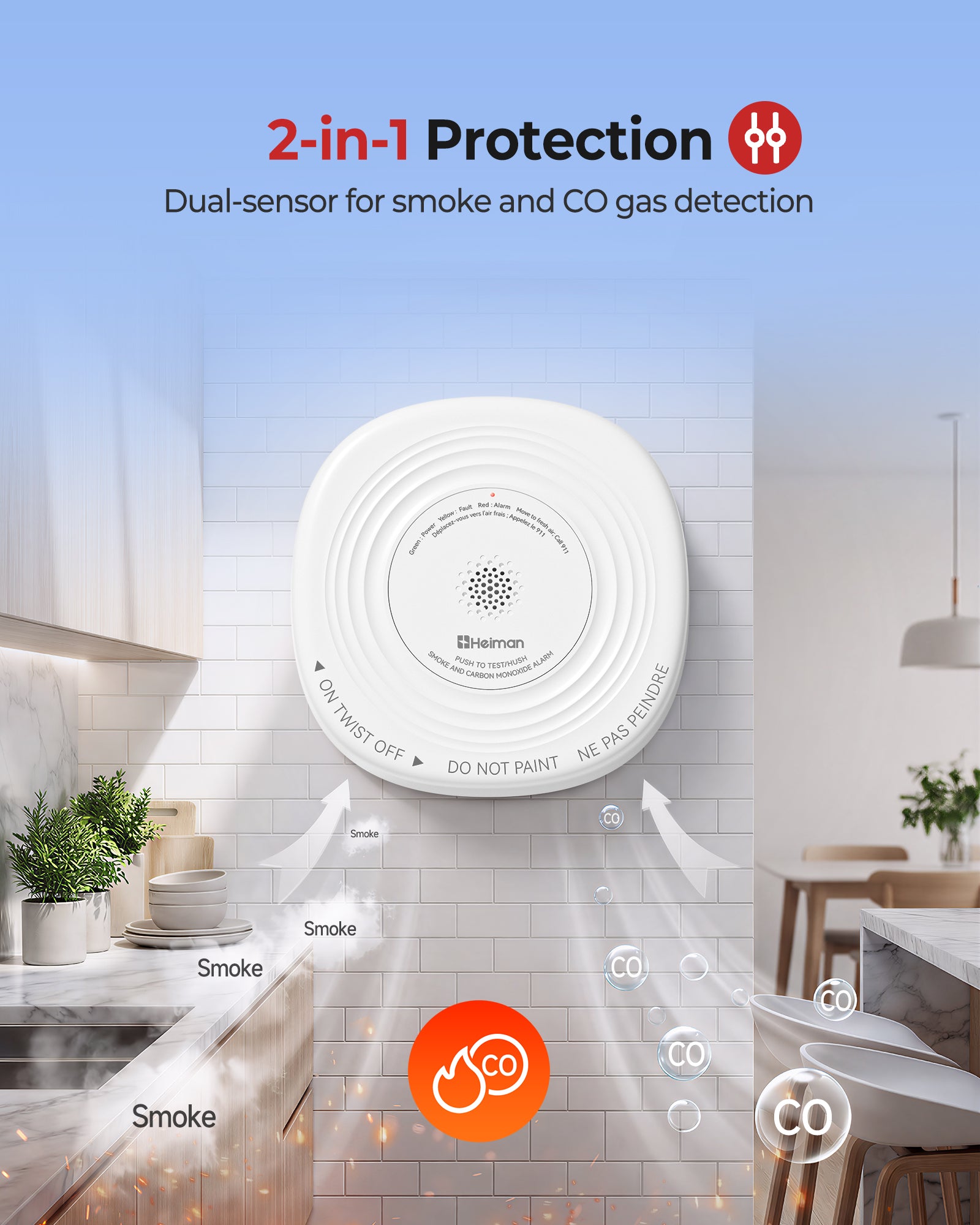 Heiman Smoke Detector Carbon Monoxide Detector Combo 10-Year Sealed Battery, UL 217 10th/UL 2034 5th Certified/85 dB Alarm, Photoelectric Fire Smoke Alarm & CO Detector for Home Hotel Rental Apartment
