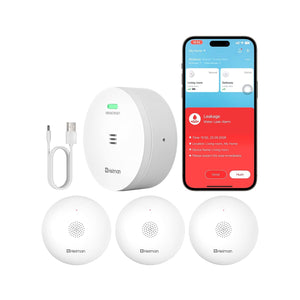 Heiman Water Leak Detector, Water Sensor Alarm Leak Detectors for Home, featuring multiple white leak sensors, a gateway hub, and a smartphone app showing real-time alerts.


