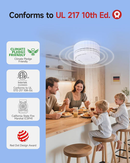 Heiman S1-R Smoke Detector certified to UL 217 10th Edition, featuring a 10-year sealed battery and advanced safety standards for home protection.

