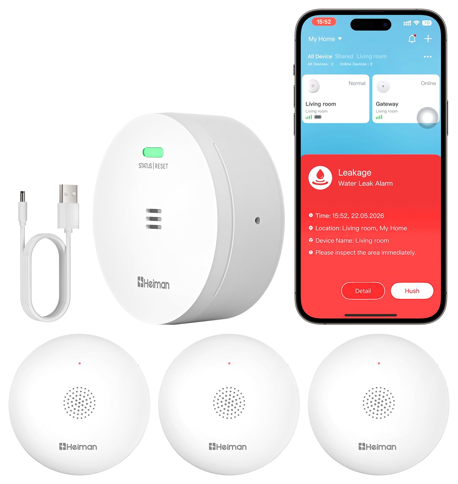 Heiman Water Leak detectors for Home,Water Sensor Alarm Leak Detector, Battery Operated Water Sensor for Basement/Pipe/Drain/Sink/Bathroom/Kitchen/Toilet/Laundry Room, 1 Pack（Not Include Gateway