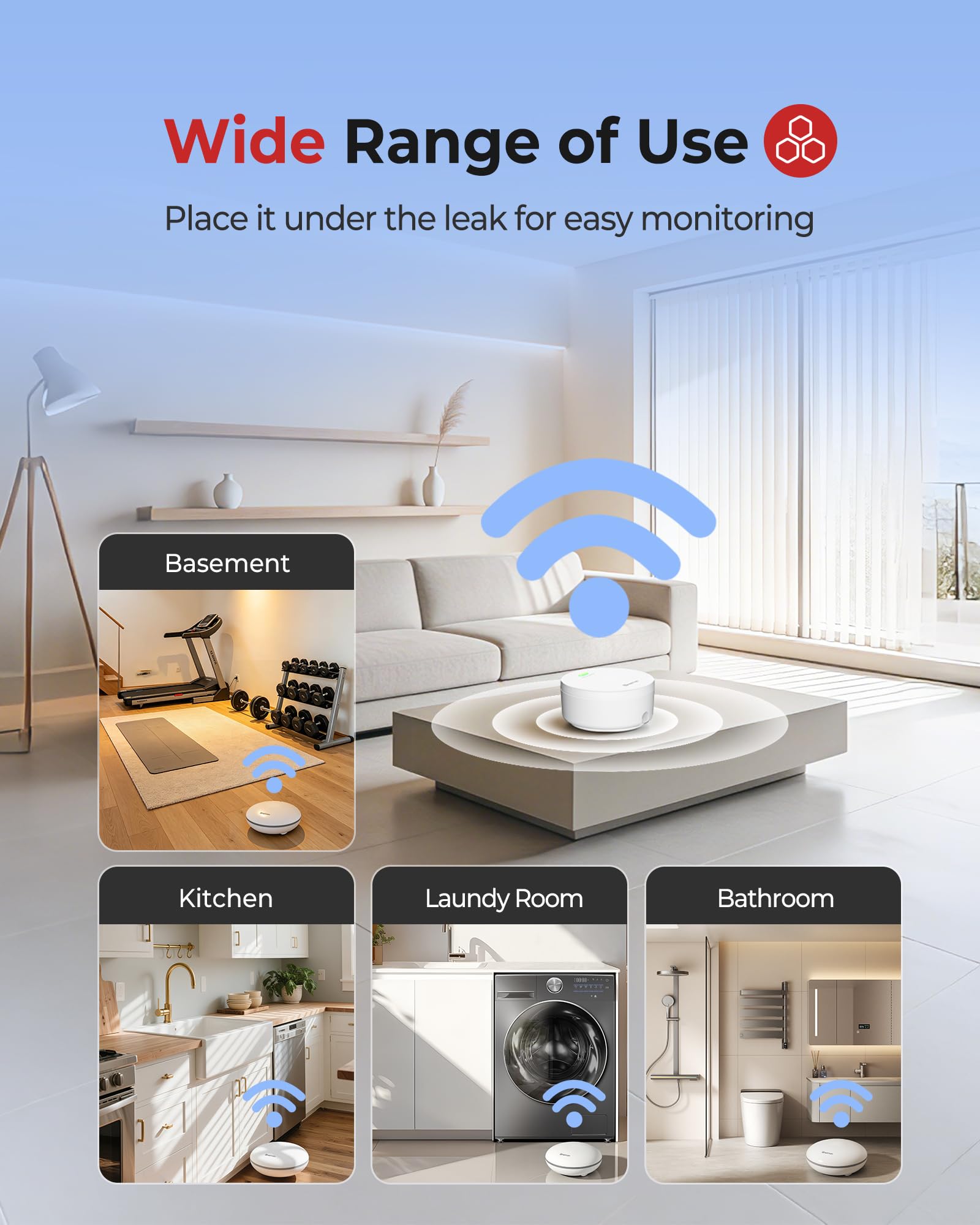 Heiman Water Leak detectors for Home,Water Sensor Alarm Leak Detector, Battery Operated Water Sensor for Basement/Pipe/Drain/Sink/Bathroom/Kitchen/Toilet/Laundry Room, 1 Pack（Not Include Gateway