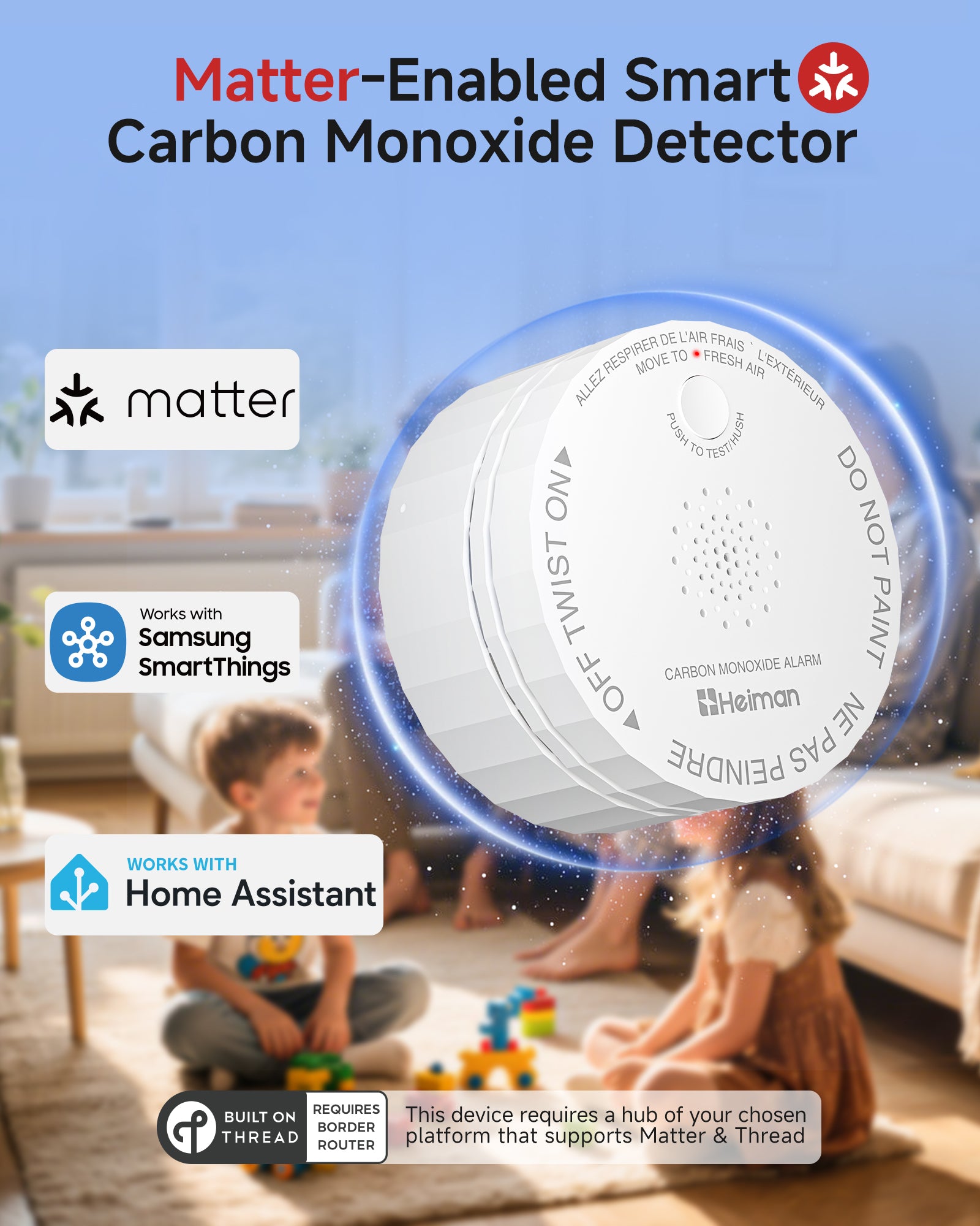 Heiman Carbon Monoxide Detectors, Matter CO Detector Battery Powered, UL 2034 5th Certified, Smart Wireless Mini CO Alarm for Home, Real-time Notification, for Smartthings,Home Assistant C1-M